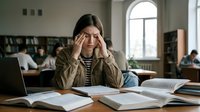 Stressed young woman student with headache studying at library desk surrounded by open books and laptop computer during exam preparation period.