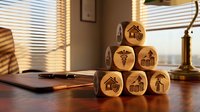 Wooden dice with healthcare and medical insurance symbols stacked on office desk with warm lighting for business and finance concepts.