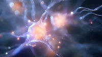 Glowing neuron cell with synaptic connections in dark blue background showing electrical activity and neural network communication in brain science visualization.