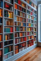 Modern home library with white built-in bookshelves filled with colorful books arranged by spine color, creating a vibrant rainbow effect against wooden flooring.
