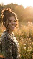 Happy young woman with messy bun hairstyle wearing cozy sweater smiling at camera during golden hour sunset in natural outdoor setting with warm light.