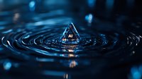 Glowing AI symbol emerging from dark water ripples creates concentric circles in dramatic blue tones, representing artificial intelligence and technology advancement.