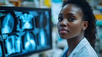Young African American female doctor examining chest X-ray scans on monitor in modern medical facility for healthcare diagnosis and treatment planning.