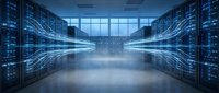 Modern data center server room with glowing blue light trails representing high-speed data transfer and network connectivity in futuristic technology facility.