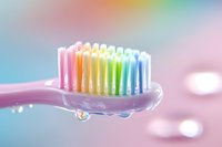 Rainbow colored toothbrush bristles with water droplets on soft pastel background, macro photography highlighting dental hygiene and fresh morning routine.