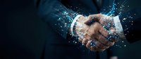 Business handshake with digital network connections and glowing particles representing partnership, collaboration and technology integration in corporate environment.