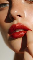 Close-up of glossy red lips with finger touching lower lip, glowing skin in warm sunlight. Ideal for beauty and cosmetic advertising.