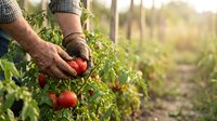 Farmer hands harvesting fresh red tomatoes from organic garden plants in sunny agricultural field during summer growing season for healthy food production.