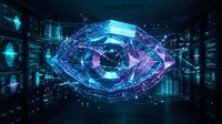 Digital eye with glowing neural networks and data streams in futuristic server room for artificial intelligence and machine learning concepts.