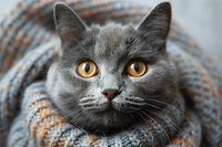 Close up portrait of gray cat with bright yellow eyes wrapped in cozy plaid blanket. Adorable pet looking at camera with curious expression.