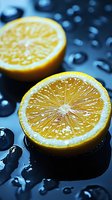 Fresh cut lemon halves on wet dark surface with water drops, dramatic lighting and close-up view showing detailed pulp texture and citrus segments.