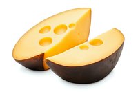 Fresh yellow cheese wheel cut in half showing characteristic holes, isolated on white background for food packaging and menu design.