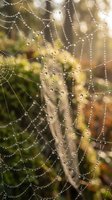 Spider web covered in morning dew drops with blurred natural background. Delicate silk strands create intricate patterns in soft golden light.