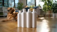 White cosmetic bottles on wooden floor with golden retriever dog in background, home interior setting with natural light and plants. For beauty product mockup.