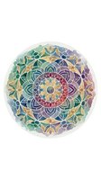 Colorful mandala with intricate geometric patterns in watercolor style, featuring rainbow gradient from green to purple. Isolated on white background for design projects.