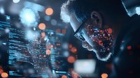 Mature male programmer working at night with glowing code projections and bokeh light effects, side view profile showing focused concentration.
