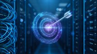 Digital target with arrow hitting bullseye in futuristic data center server room with glowing blue holographic interface for business success concepts.