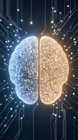 Digital brain with glowing circuit pattern split into cool blue and warm orange hemispheres against dark background with connecting light paths and nodes.