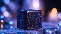 Glittering black cube with sparkly texture against blurred blue bokeh background creates magical atmosphere for festive and luxury designs.