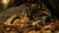 Wolf and rabbit resting peacefully together on autumn leaves in warm golden light, showcasing unlikely friendship and harmony in nature.