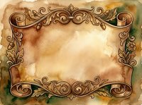Ornate vintage frame with scrolling flourishes and decorative corners on aged, watercolor-stained parchment background. Suitable for invitations, certificates, and design projects.