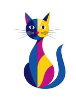 Colorful geometric cat illustration with vibrant blue, yellow, pink and purple shapes on white background for modern design projects.