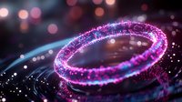 Glowing magical ring with sparkling purple and blue particles creating mystical light trails against dark background, fantasy concept for magical designs.