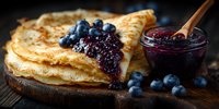 Thin golden crepes layered on wooden board with fresh blueberries and berry jam, breakfast delicacy ready for gourmet dining and culinary presentations.