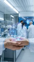 Hands holding digital network sphere in modern laboratory with scientists working in background representing medical technology innovation and research.