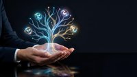 Businessman holding a glowing digital tree with icons, symbolizing business growth, innovation, and technology strategy on dark background.