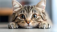 Curious tabby cat with wide eyes and paws stretched forward lying on surface, close-up portrait showing expressive face and striped fur pattern. For pet care and animal blogs.