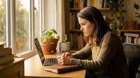 Young woman working on laptop computer at home office desk by sunny window with plants creating productive workspace atmosphere for remote work.