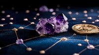 Raw amethyst crystal cluster and cryptocurrency coin on dark blue surface with glowing network connections, illustrating digital wealth and blockchain technology.
