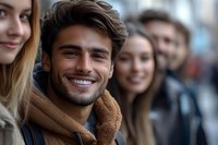 Young diverse group of friends smiling and laughing together outdoors, wearing casual winter clothing. Focus on man in brown sherpa hoodie with bright smile.
