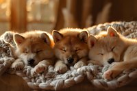 Three adorable Shiba Inu puppies sleeping together on cozy knitted blanket, backlit by warm sunlight creating gentle rim lighting around their peaceful faces.