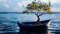 Small bonsai tree growing in old wooden boat floating on calm blue water against cloudy sky, artistic nature composition for meditation and zen concepts.