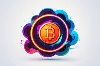 Glowing neon bitcoin symbol with vibrant gradient smoke effect and orange ring light, perfect for crypto and financial technology designs on light background.