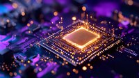 Glowing processor chip with purple and orange light effects, circuit board close-up showing advanced computing technology with bokeh illumination in dark background.