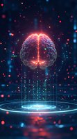 Glowing brain with neural connections floating above futuristic circular platform against dark background with red and blue particles and digital elements.