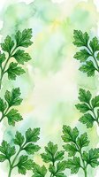Watercolor parsley sprigs frame soft green and yellow washes, creating an organic botanical border design suitable for culinary, wellness, and organic product packaging.