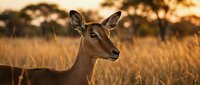 Young impala antelope in golden savanna grassland during warm sunset light with acacia trees in background for wildlife and nature photography projects.
