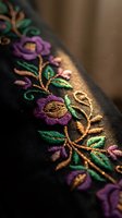 Intricate floral embroidery with purple flowers and green leaves on black fabric showcasing traditional needlework craftsmanship and textile artistry.