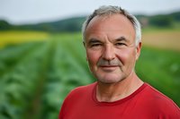 Senior Caucasian man in red t-shirt smiling at camera against blurred agricultural field background, expressing confidence and contentment in rural setting.