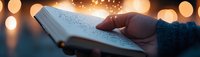 Reading book in evening light with glowing bokeh background creates cozy atmosphere. Hand holds open pages with text against warm illumination.