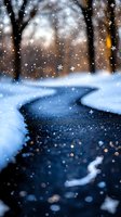 Magical winter forest scene with winding stream through snowy landscape, sparkling snowflakes falling against blurred trees and glowing evening light in background.