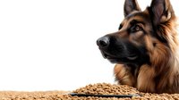 German Shepherd dog looking at dry kibble food on wooden surface against white background, isolated pet portrait for veterinary and food advertising.
