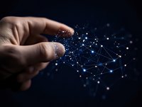 Hand touching glowing network of connected dots and lines against dark background, representing digital transformation and technological innovation.