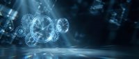 Futuristic holographic clock interface with glowing blue digital elements and light rays in abstract technological environment for sci-fi concepts.