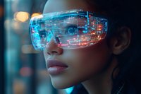 Young African American woman wearing futuristic smart glasses with holographic display showing digital data and technology interface in neon blue lighting.