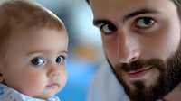 Young bearded Caucasian father with dark hair and blue-eyed baby close up portrait against blurred background showing tender family moment and paternal bond.